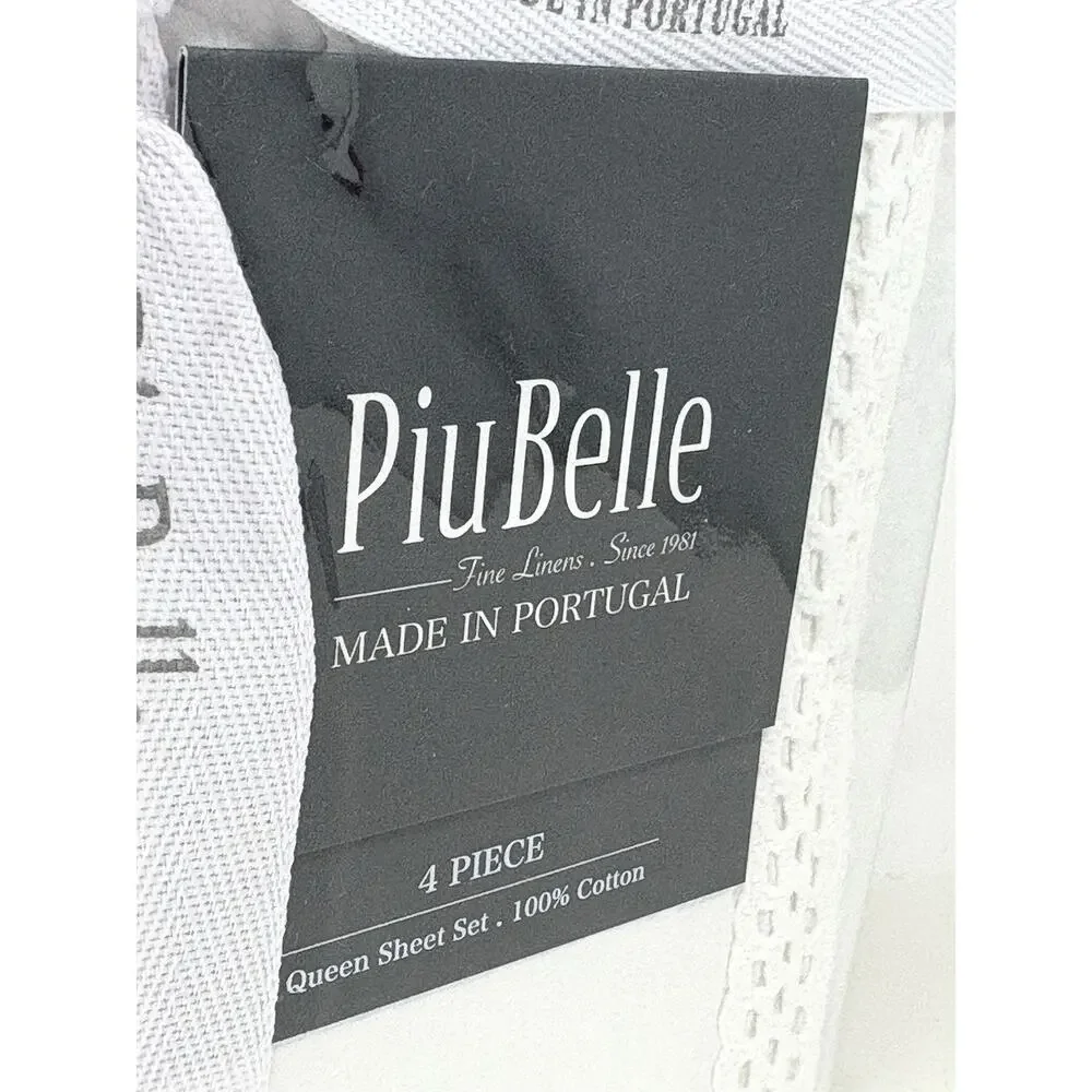 PiuBelle White Queen Sheet Set 100% Cotton Crochet Border Trim NWT Portugal